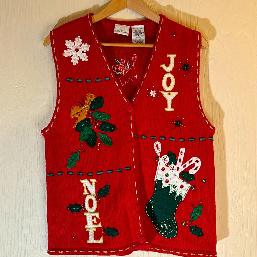 Bobbie Brooks Ugly Christmas Sweater Vest Joy Noel Mistletoe Stocking S